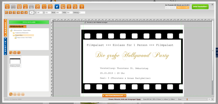 Kino Einladungskarte im Onlinedesigner